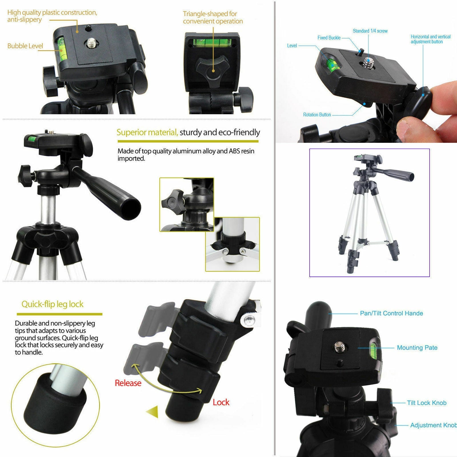 JMT-304074 Portable Aluminum Tripod Stand for Mobile Phones with 360-Degree Swivel Head and Quick-Flip Leg Locks