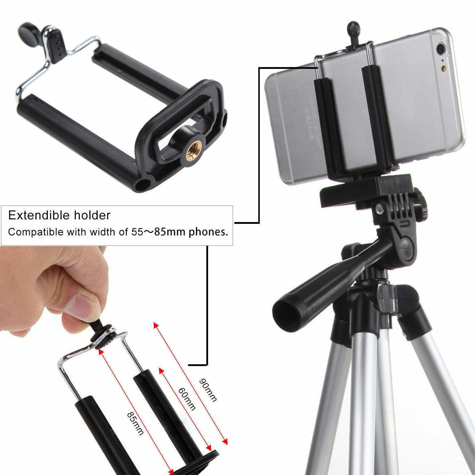 JMT-304074 Portable Aluminum Tripod Stand for Mobile Phones with 360-Degree Swivel Head and Quick-Flip Leg Locks