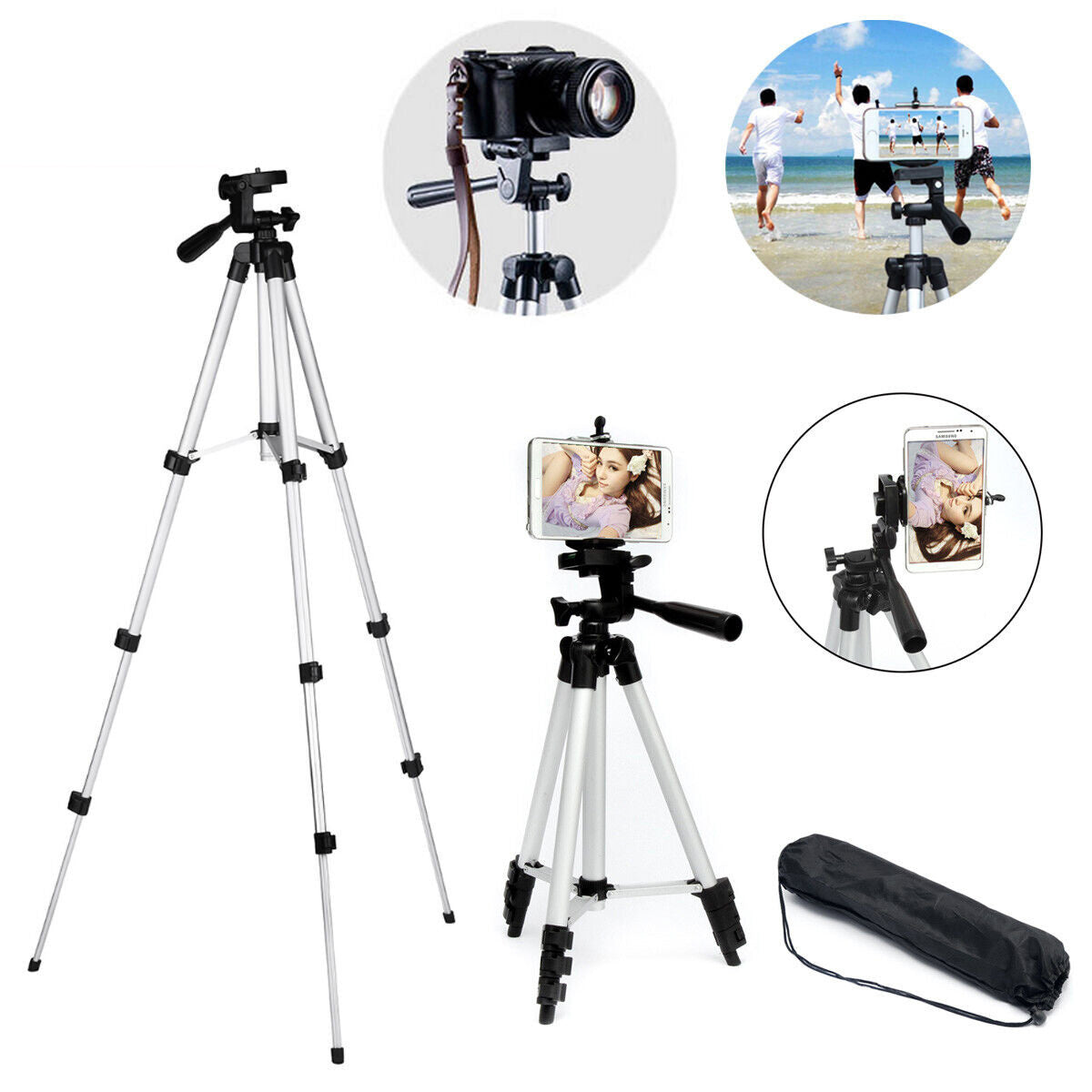 JMT-304074 Portable Aluminum Tripod Stand for Mobile Phones with 360-Degree Swivel Head and Quick-Flip Leg Locks
