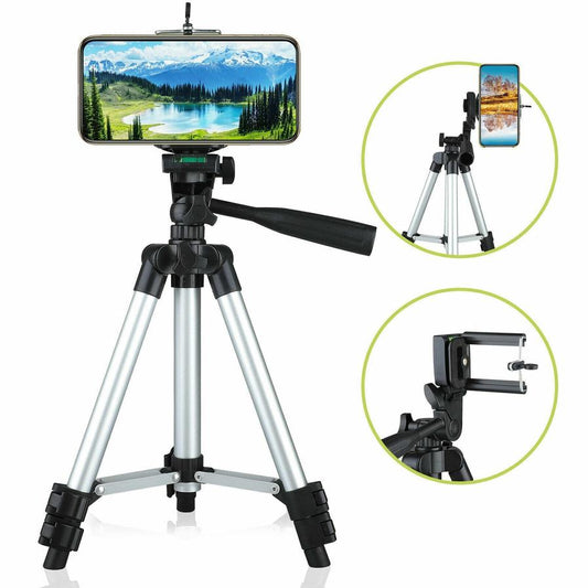 JMT-304074 Portable Aluminum Tripod Stand for Mobile Phones with 360-Degree Swivel Head and Quick-Flip Leg Locks