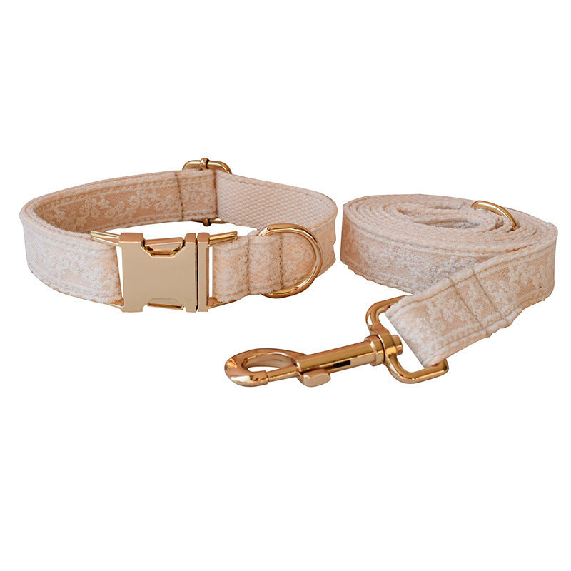 JMT-305866 Elegant Dog Collar and Leash Set with Metal Buckle and Lace - Cotton Material, Adjustable Sizes S-XL