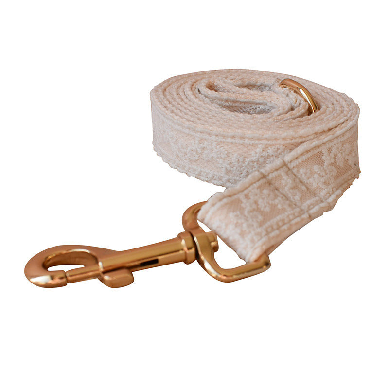 JMT-305866 Elegant Dog Collar and Leash Set with Metal Buckle and Lace - Cotton Material, Adjustable Sizes S-XL