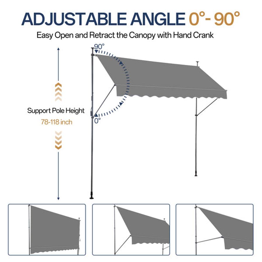 JMT-306250 Retractable Grey Support Canopy with Aluminum-Iron Frame and Polyester Fabric, 300x120x200-300cm