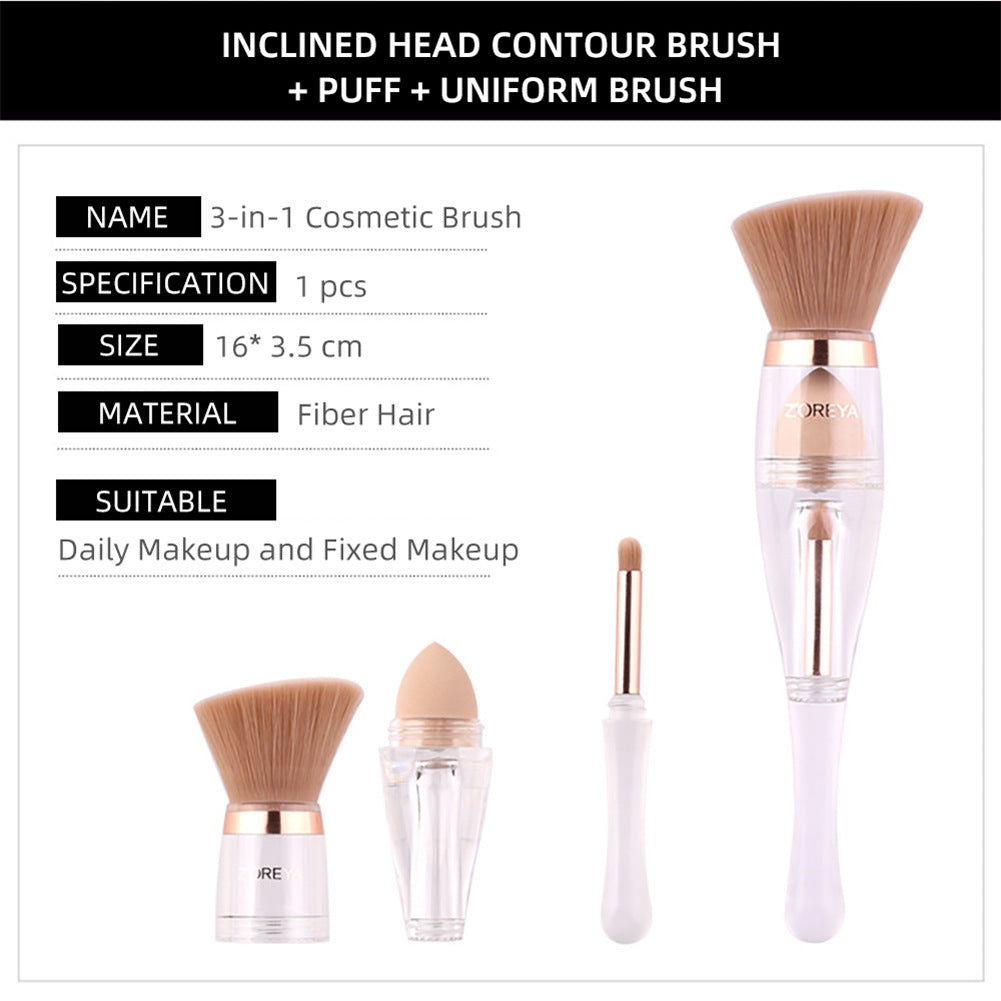 JMT-306634 3-in-1 Makeup Brush with Acrylic Handle and Soft Artificial Fiber Bristles, 16cm Overall Length