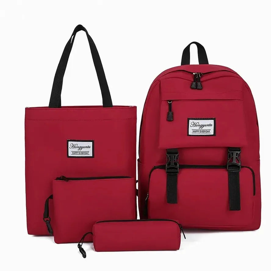 JMT-306762 Girls 4-Piece School Bag Set – Canvas Backpack, Laptop Bag, and Accessory Pouches in Various Colors