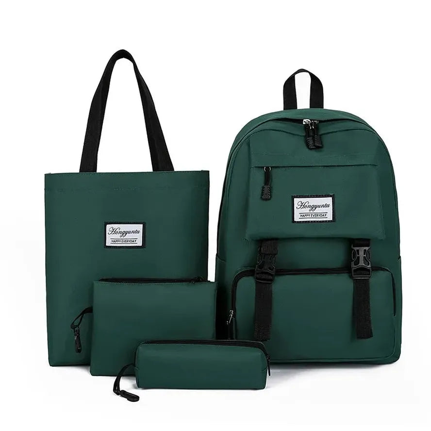 JMT-306762 Girls 4-Piece School Bag Set – Canvas Backpack, Laptop Bag, and Accessory Pouches in Various Colors