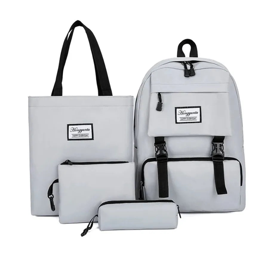 JMT-306762 Girls 4-Piece School Bag Set – Canvas Backpack, Laptop Bag, and Accessory Pouches in Various Colors