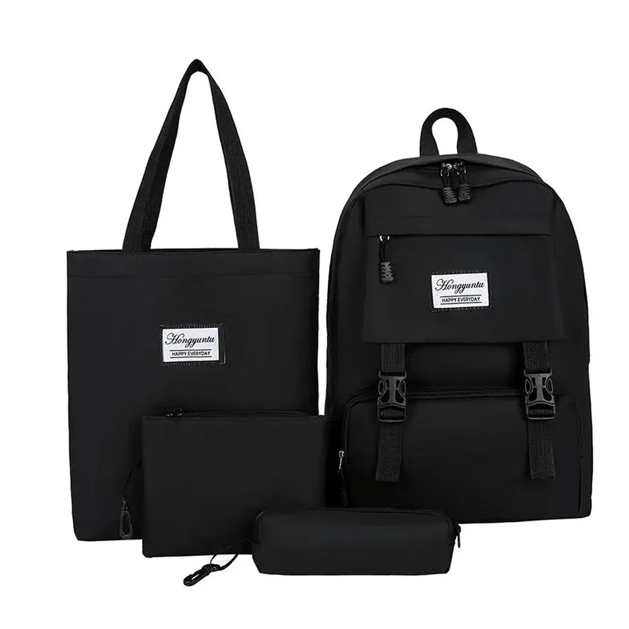 JMT-306762 Girls 4-Piece School Bag Set – Canvas Backpack, Laptop Bag, and Accessory Pouches in Various Colors