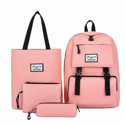 JMT-306762 Girls 4-Piece School Bag Set – Canvas Backpack, Laptop Bag, and Accessory Pouches in Various Colors