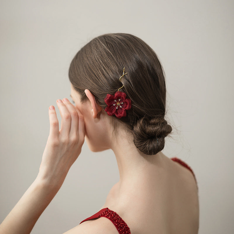 JMT-306890 Elegant Gauze Flower Bridal Hairpin in Shiny Diamond Design