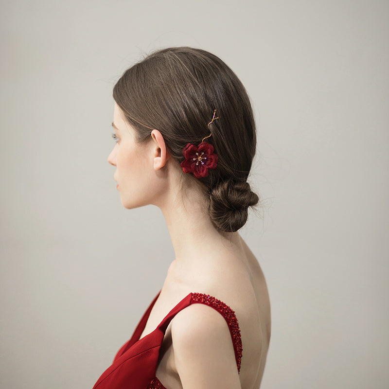 JMT-306890 Elegant Gauze Flower Bridal Hairpin in Shiny Diamond Design