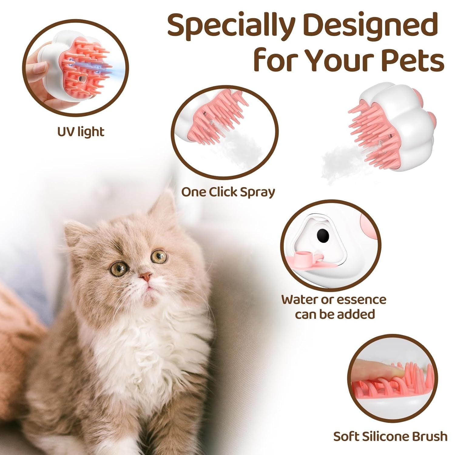 JMT-308746 4-in-1 Steam Cat Brush for Effective Fur Removal, Gentle Massage & Easy Cleaning