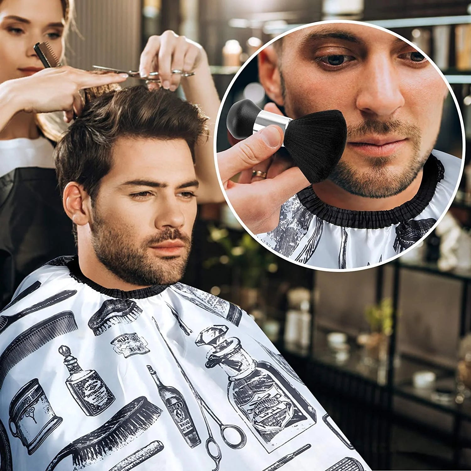 JMT-309642 Professional Hair Cutting Cape with Floral Design and Neck Duster Brush for Salon Use