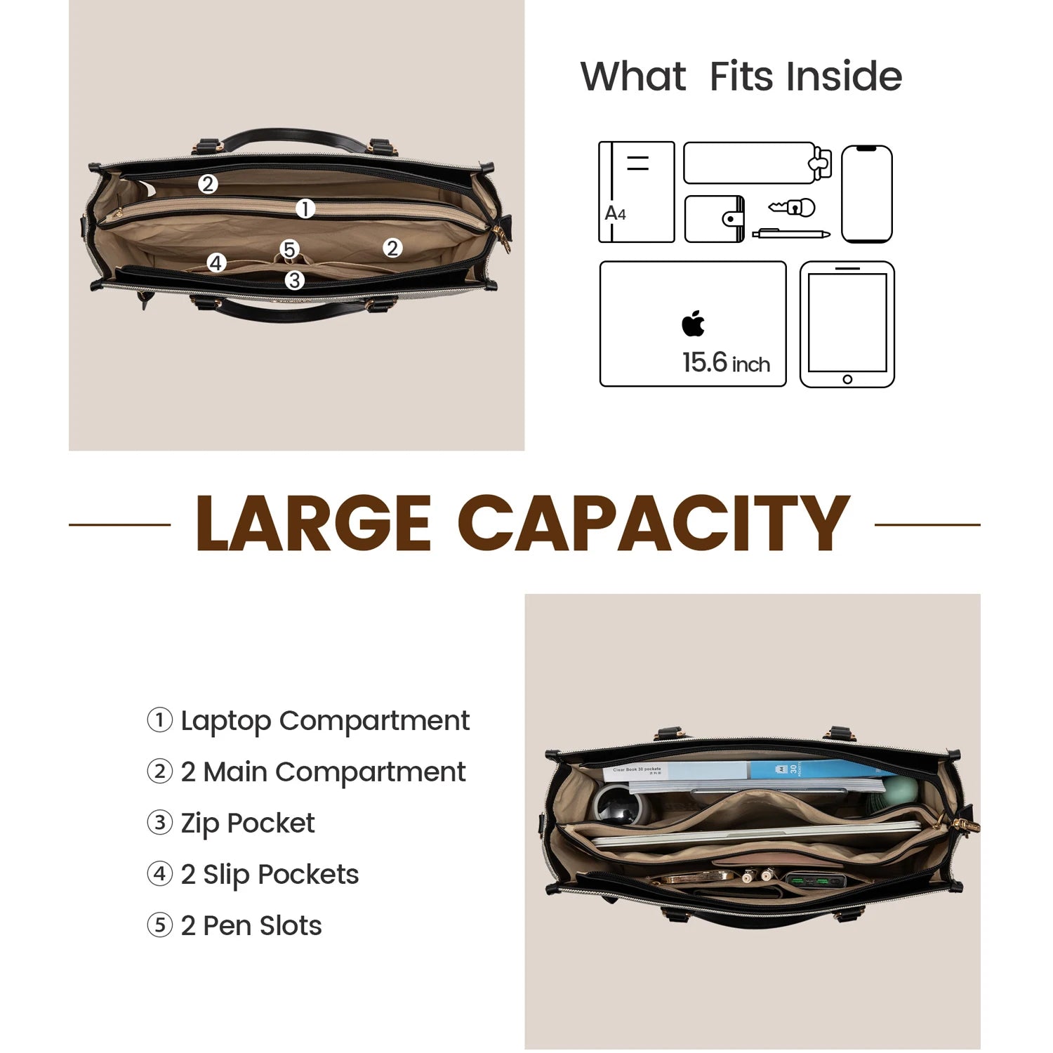 JMT-310538 Large Capacity Leather Work Tote Bag Set for Office, Business, School, and Travel - 15.6 inch Laptop Compatible
