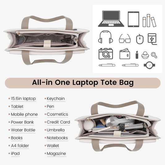 JMT-311690 Elegant 15.6 Inch Laptop Tote Handbag for Office Professionals, Durable PU Leather Business Briefcase, Spacious Work Purse for Women