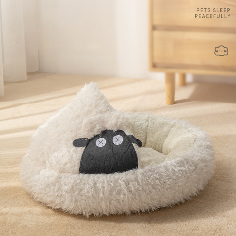 JMT-313418 Cozy Lamb Shape Cat Cave Bed for Winter - Enclosed Round Design in S and M Sizes