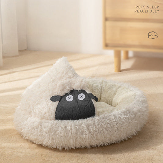 JMT-313418 Cozy Lamb Shape Cat Cave Bed for Winter - Enclosed Round Design in S and M Sizes
