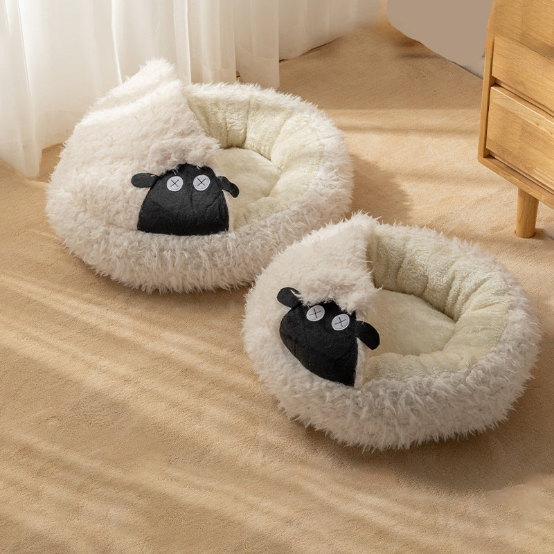 JMT-313418 Cozy Lamb Shape Cat Cave Bed for Winter - Enclosed Round Design in S and M Sizes