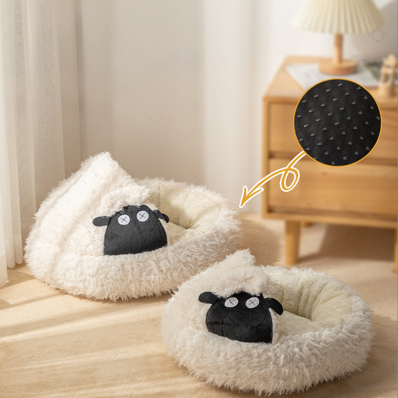 JMT-313418 Cozy Lamb Shape Cat Cave Bed for Winter - Enclosed Round Design in S and M Sizes