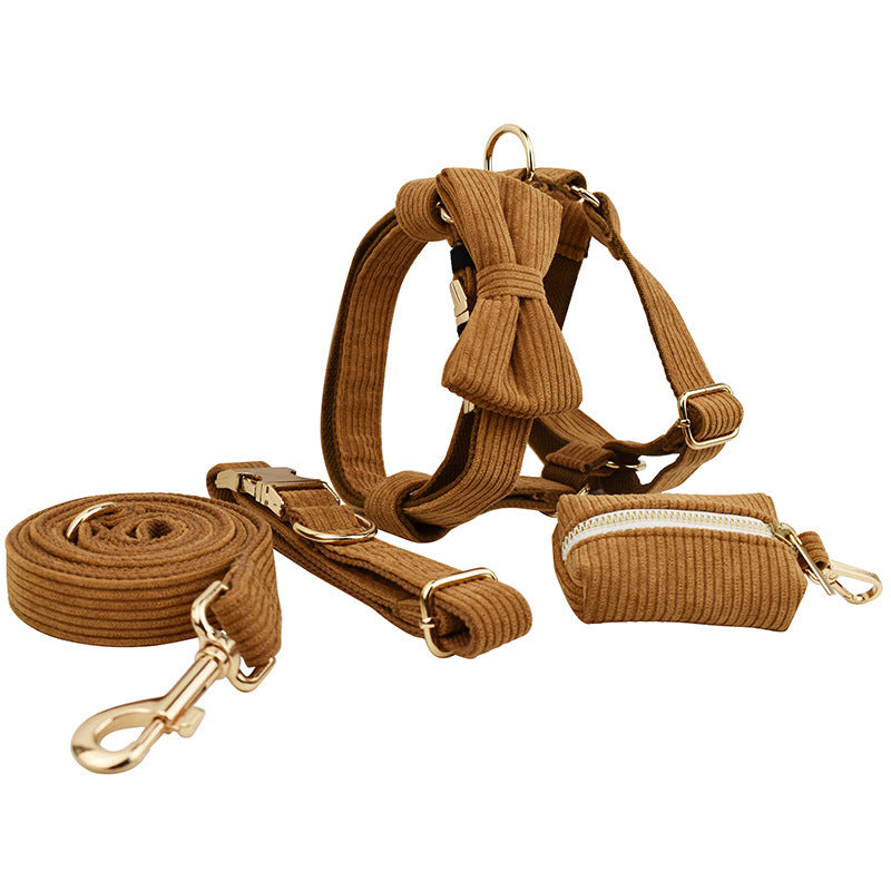 JMT-315082 Caramel Corduroy Pet Accessory Set with Collar, Rope, Bow, Vest, and Poop Bag