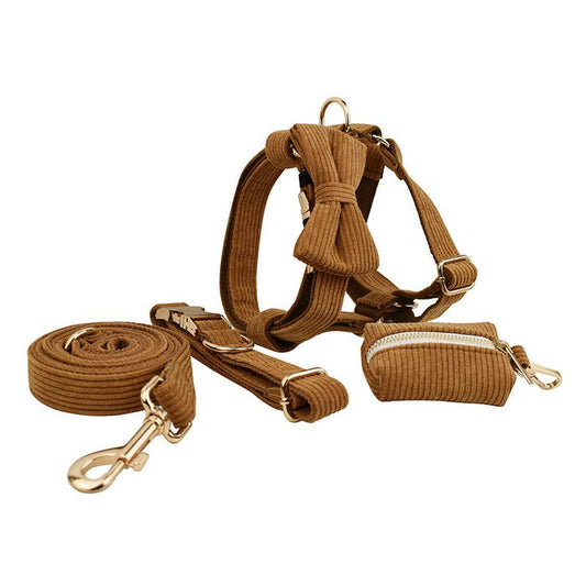 JMT-315082 Caramel Corduroy Pet Accessory Set with Collar, Rope, Bow, Vest, and Poop Bag