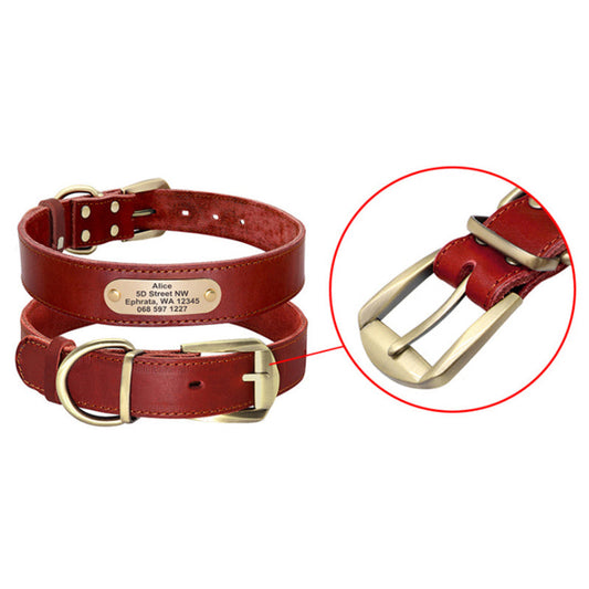 JMT-315594 Personalized Cowhide Dog Collar with Nameplate ID Tag for Medium to Large Dogs