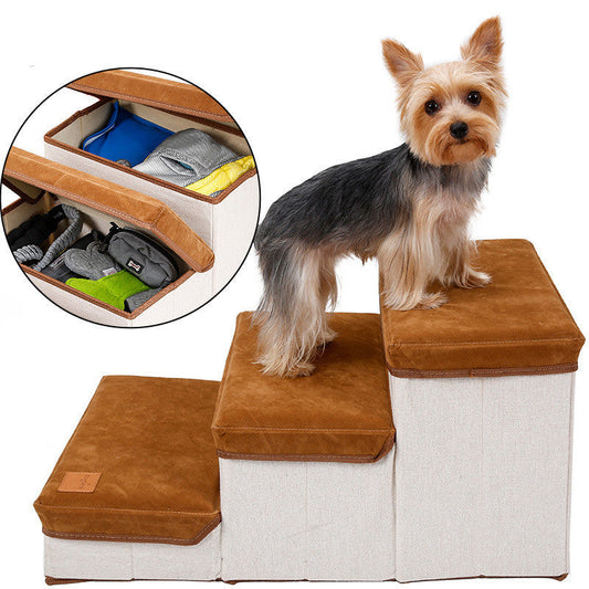 JMT-317578 Foldable Brown Storage Stairs for Pets - Durable Flannel and Cotton, Supports Up to 25KG, Includes Storage Box