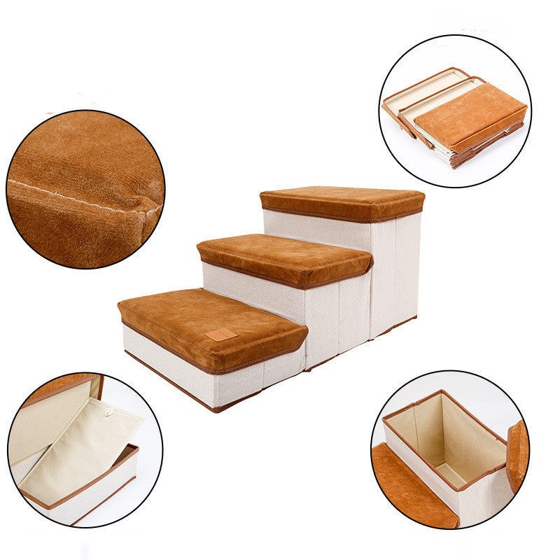 JMT-317578 Foldable Brown Storage Stairs for Pets - Durable Flannel and Cotton, Supports Up to 25KG, Includes Storage Box