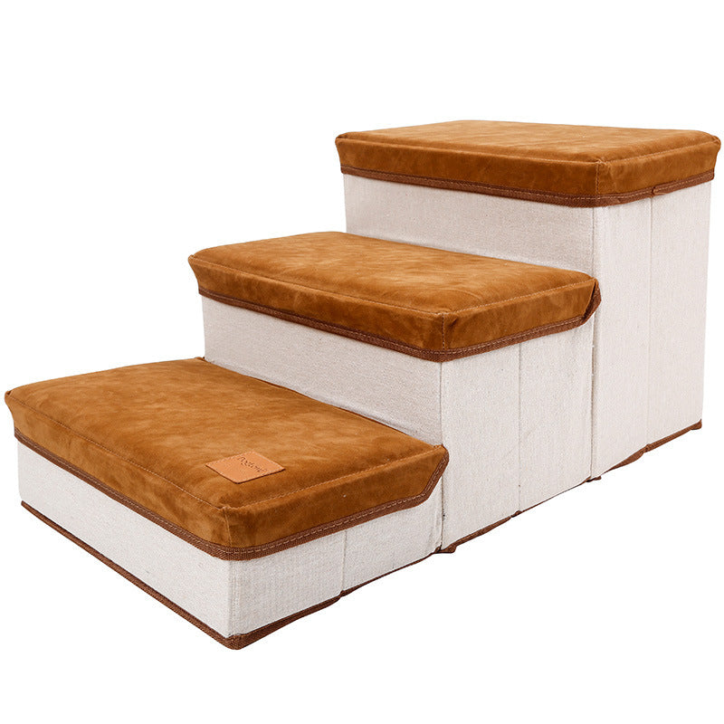 JMT-317578 Foldable Brown Storage Stairs for Pets - Durable Flannel and Cotton, Supports Up to 25KG, Includes Storage Box