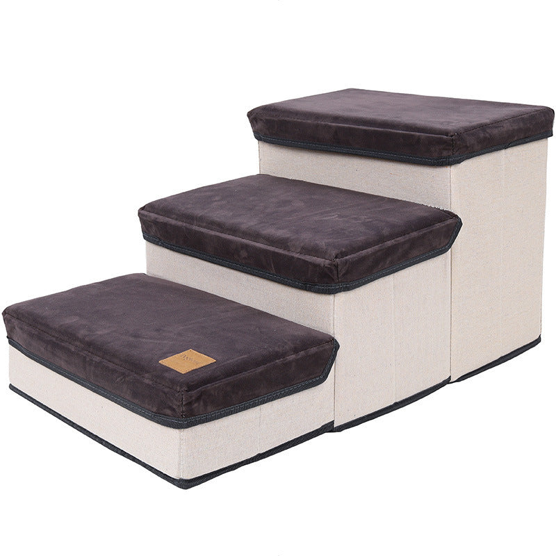 JMT-317578 Foldable Brown Storage Stairs for Pets - Durable Flannel and Cotton, Supports Up to 25KG, Includes Storage Box