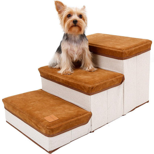 JMT-317578 Foldable Brown Storage Stairs for Pets - Durable Flannel and Cotton, Supports Up to 25KG, Includes Storage Box