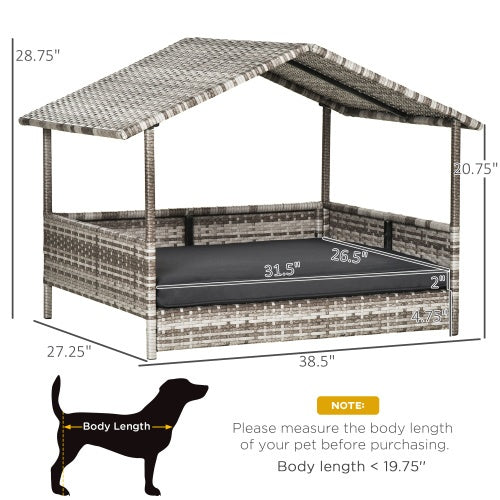 JMT-319882 Rattan Outdoor Dog House with Canopy for Small and Medium Dogs, Waterproof Cushion Included