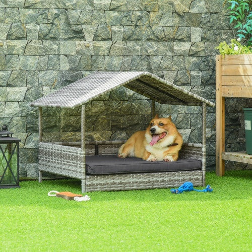 JMT-319882 Rattan Outdoor Dog House with Canopy for Small and Medium Dogs, Waterproof Cushion Included