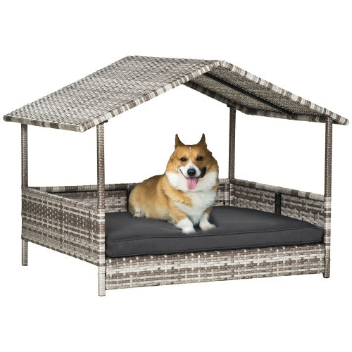 JMT-319882 Rattan Outdoor Dog House with Canopy for Small and Medium Dogs, Waterproof Cushion Included