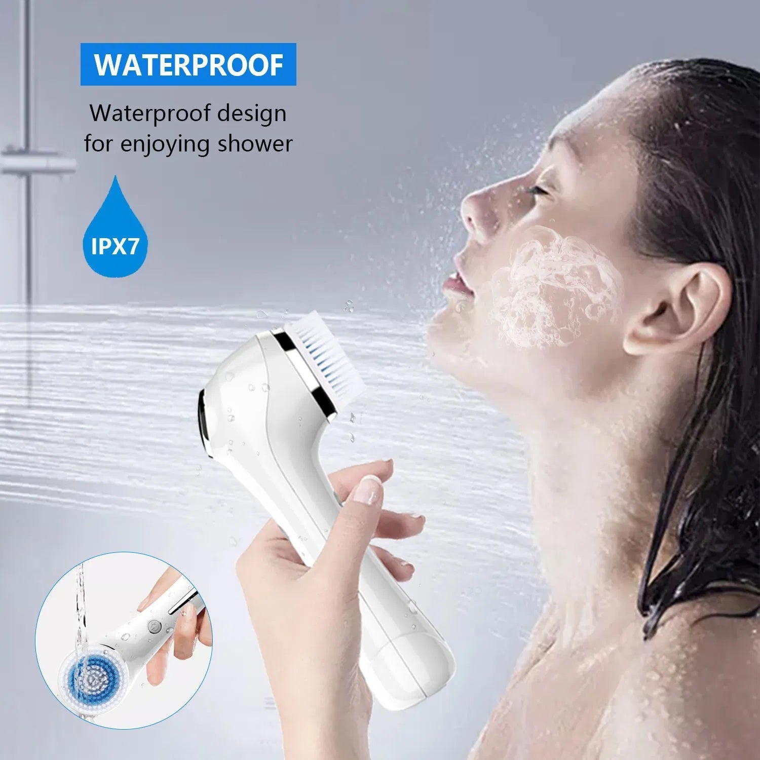 JMT-320266 IPX7 Waterproof Facial Cleansing Brush with 3-in-1 Exfoliating Features and 4 Replaceable Brush Heads