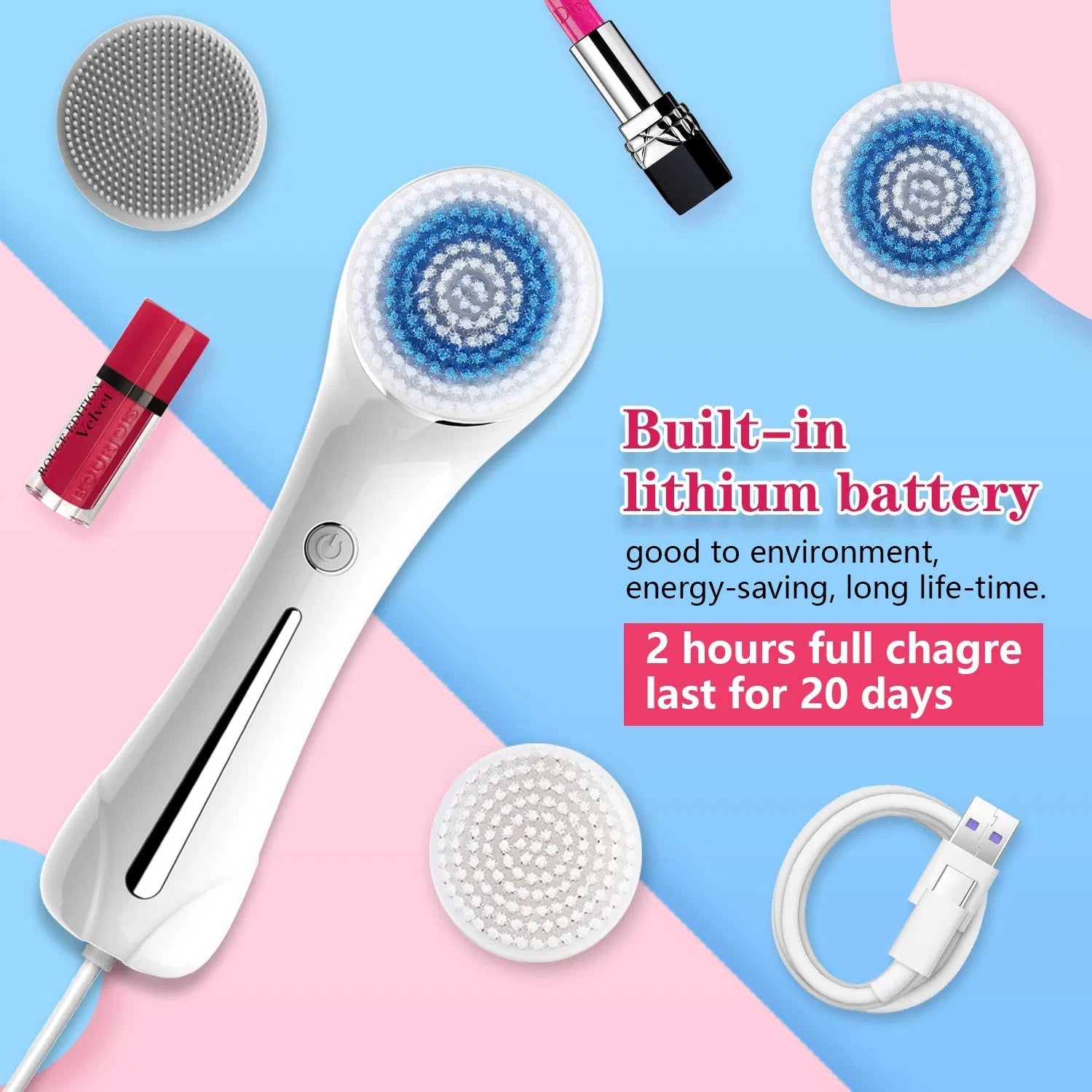 JMT-320266 IPX7 Waterproof Facial Cleansing Brush with 3-in-1 Exfoliating Features and 4 Replaceable Brush Heads