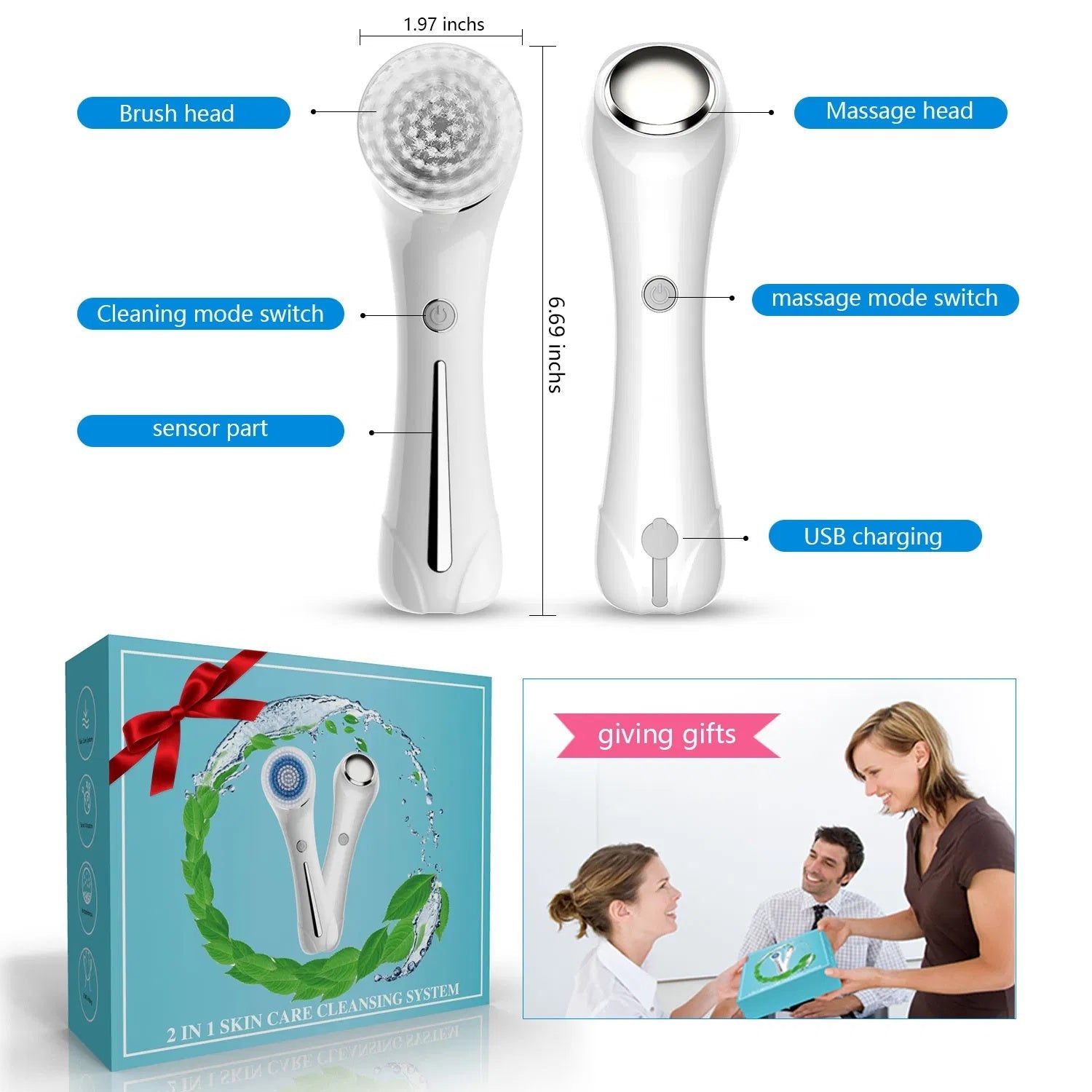 JMT-320266 IPX7 Waterproof Facial Cleansing Brush with 3-in-1 Exfoliating Features and 4 Replaceable Brush Heads