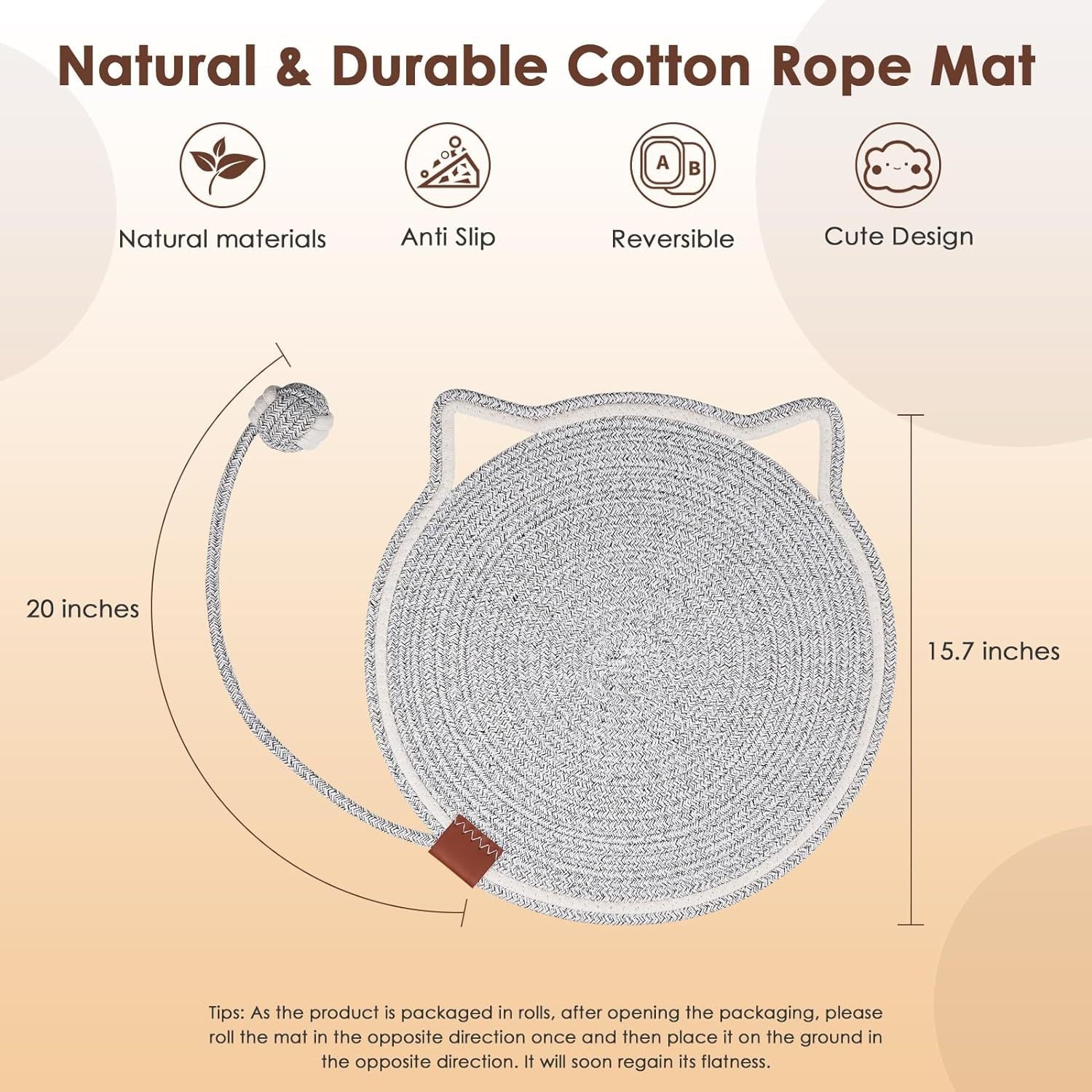 JMT-320330 Natural Cotton Rope Cat Scratcher Mat with Hanging Toy for Indoor Cats – Versatile Floor and Wall Protector