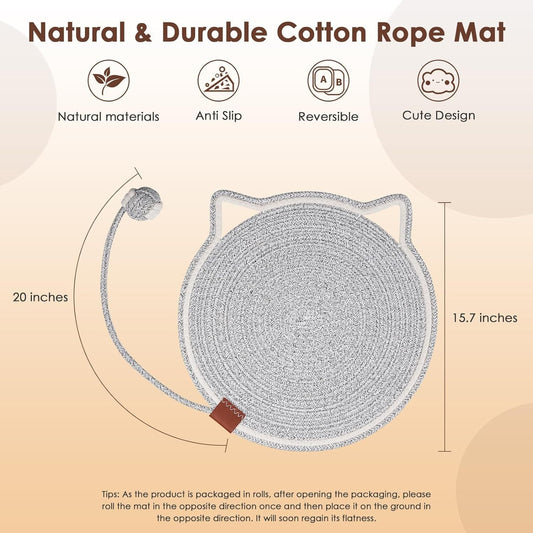 JMT-320330 Natural Cotton Rope Cat Scratcher Mat with Hanging Toy for Indoor Cats – Versatile Floor and Wall Protector