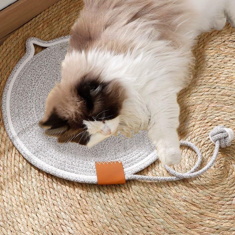 JMT-320330 Natural Cotton Rope Cat Scratcher Mat with Hanging Toy for Indoor Cats – Versatile Floor and Wall Protector