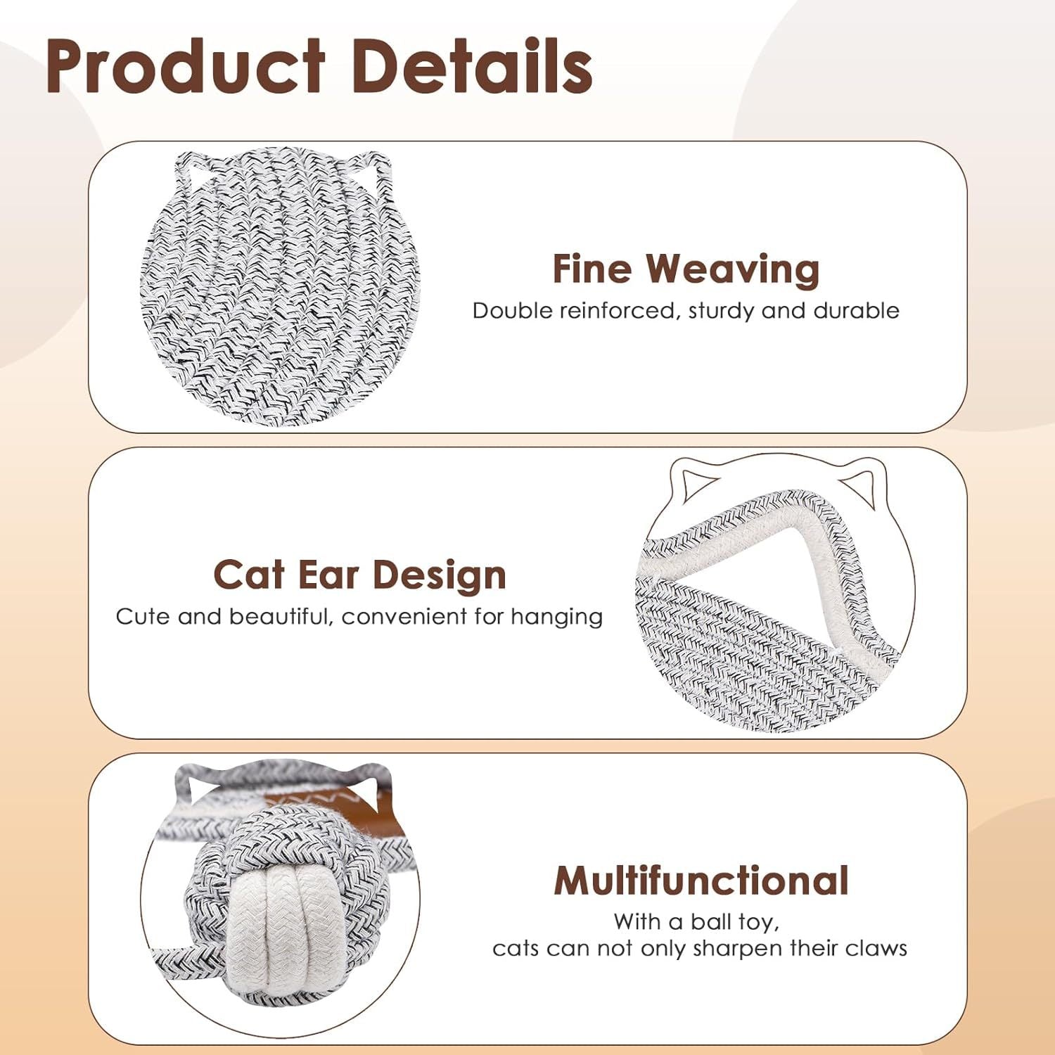 JMT-320330 Natural Cotton Rope Cat Scratcher Mat with Hanging Toy for Indoor Cats – Versatile Floor and Wall Protector