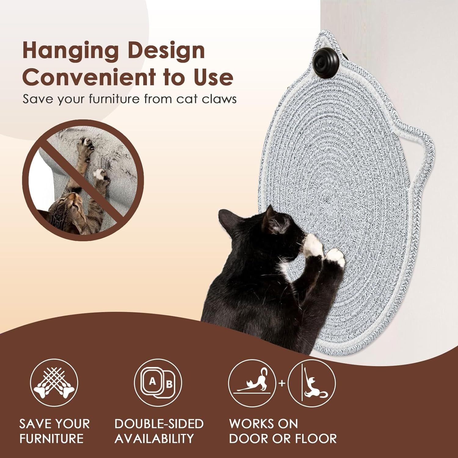 JMT-320330 Natural Cotton Rope Cat Scratcher Mat with Hanging Toy for Indoor Cats – Versatile Floor and Wall Protector
