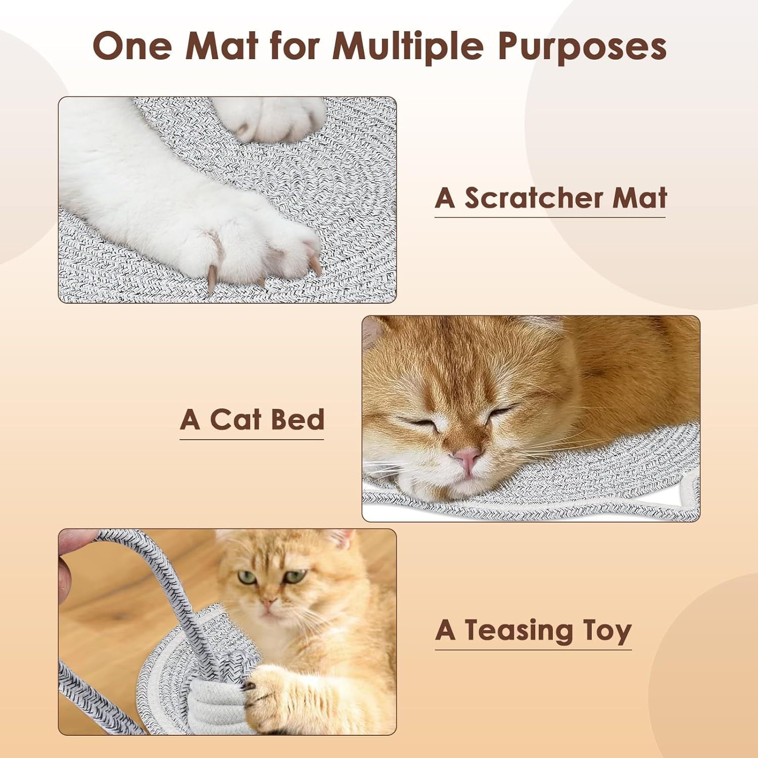JMT-320330 Natural Cotton Rope Cat Scratcher Mat with Hanging Toy for Indoor Cats – Versatile Floor and Wall Protector