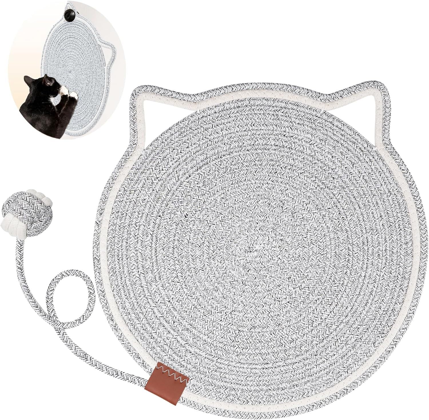 JMT-320330 Natural Cotton Rope Cat Scratcher Mat with Hanging Toy for Indoor Cats – Versatile Floor and Wall Protector
