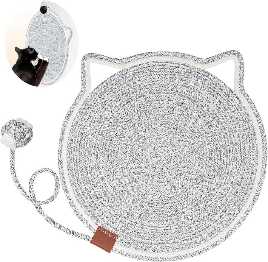 JMT-320330 Natural Cotton Rope Cat Scratcher Mat with Hanging Toy for Indoor Cats – Versatile Floor and Wall Protector