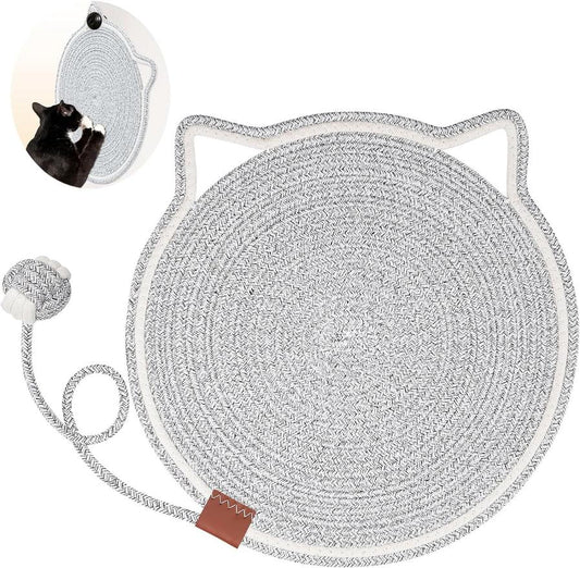 JMT-320330 Natural Cotton Rope Cat Scratcher Mat with Hanging Toy for Indoor Cats – Versatile Floor and Wall Protector