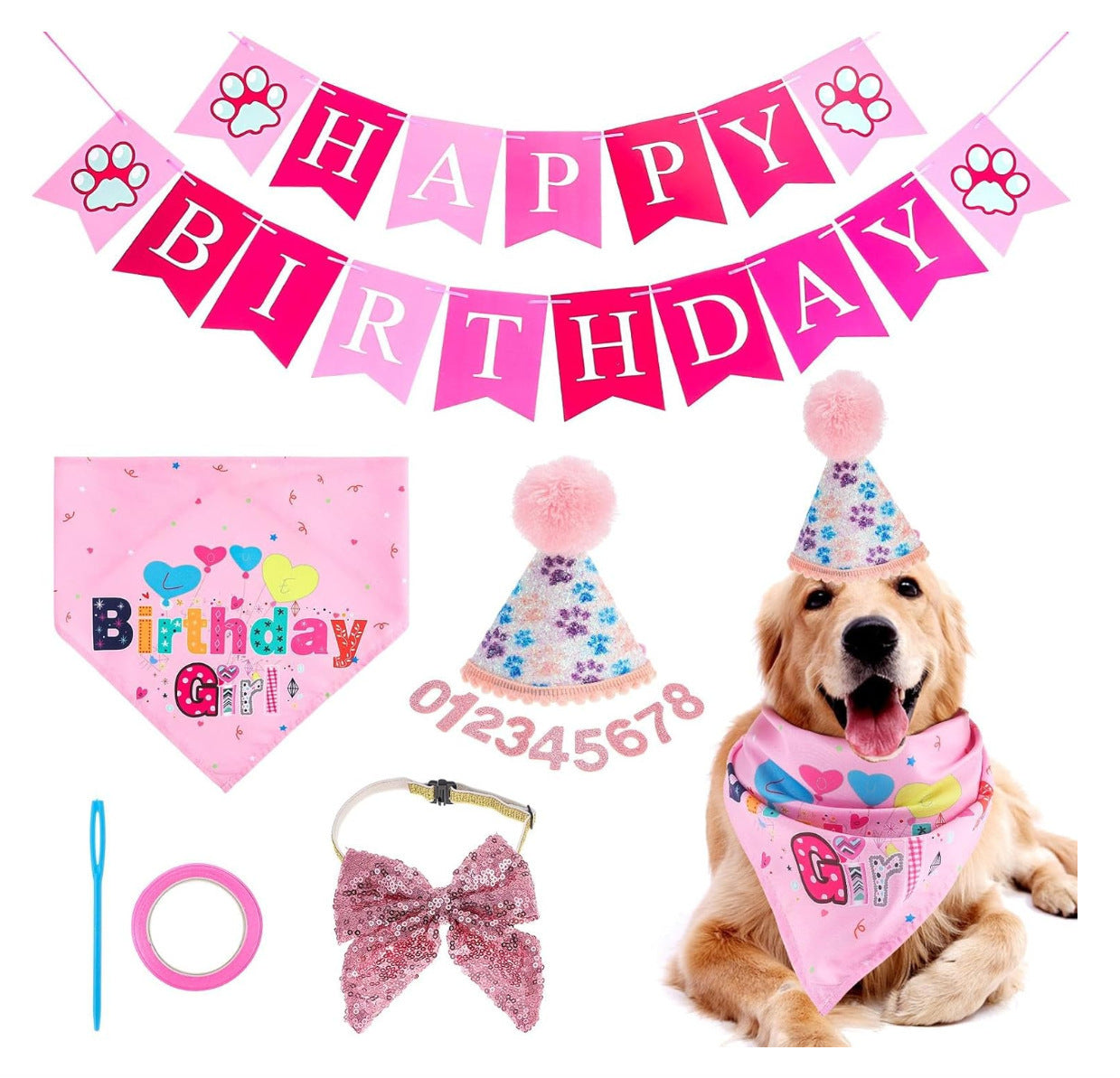 JMT-321994 Dog Birthday Celebration Supplies - Adjustable Party Hat with Numbers and Dog Bandana Set
