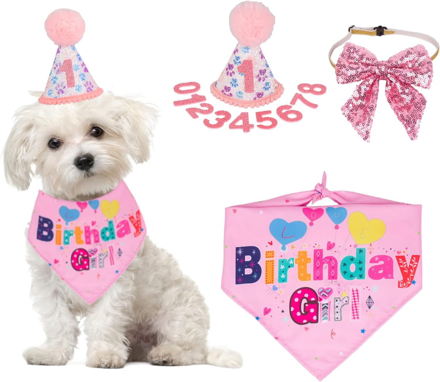 JMT-321994 Dog Birthday Celebration Supplies - Adjustable Party Hat with Numbers and Dog Bandana Set