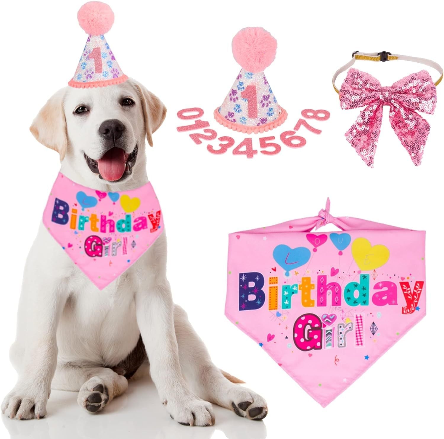 JMT-321994 Dog Birthday Celebration Supplies - Adjustable Party Hat with Numbers and Dog Bandana Set