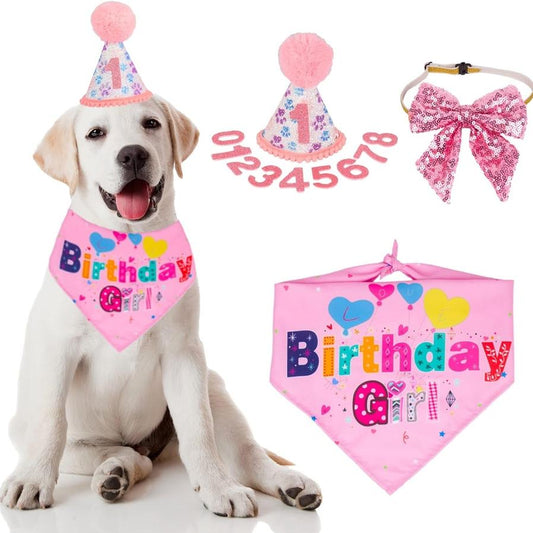 JMT-321994 Dog Birthday Celebration Supplies - Adjustable Party Hat with Numbers and Dog Bandana Set